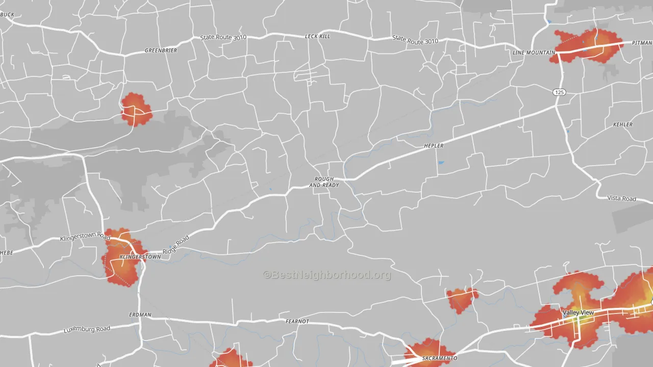 Walk Grade map of Klingerstown, PA, walkable areas in green and car-dependent areas in red