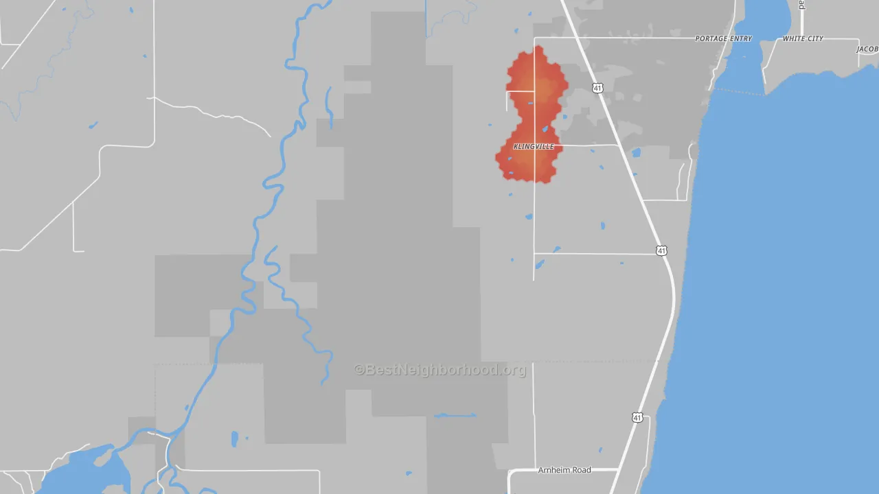 Walk Grade map of Klingville, MI, walkable areas in green and car-dependent areas in red