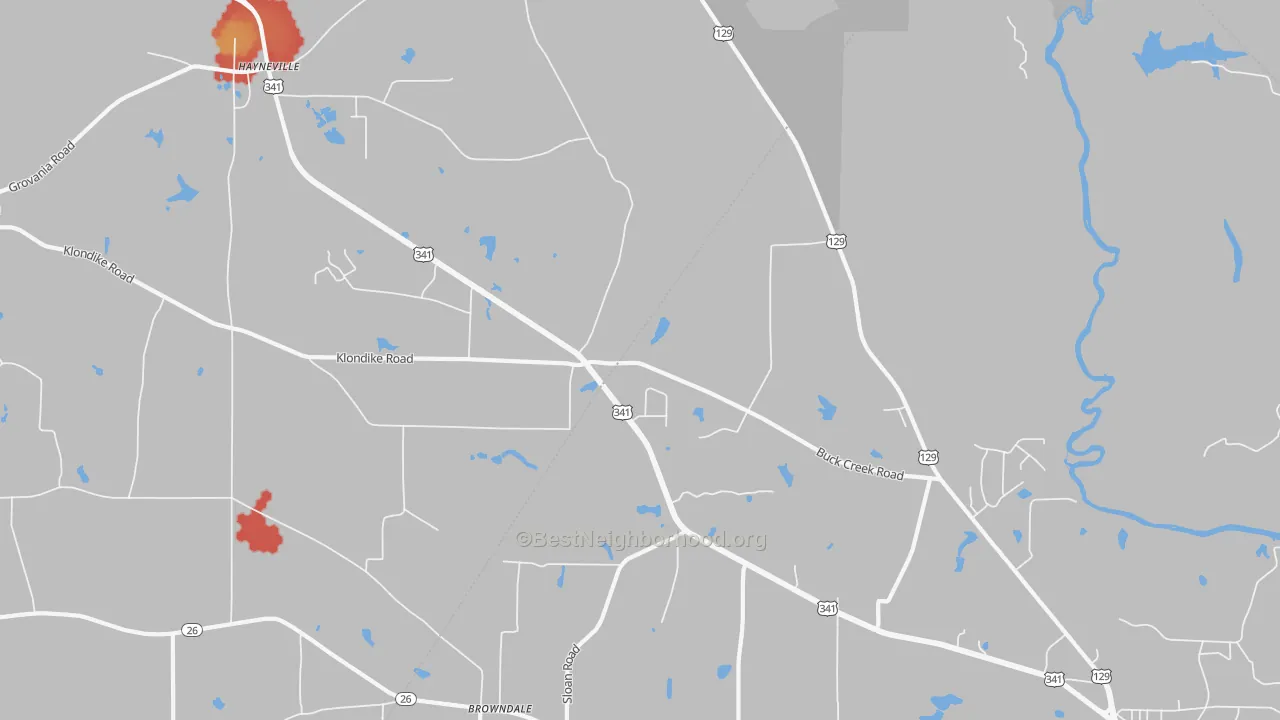 Walk Grade map of Klondike, GA, walkable areas in green and car-dependent areas in red