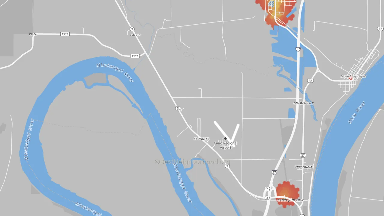 Walk Grade map of Klondike, IL, walkable areas in green and car-dependent areas in red