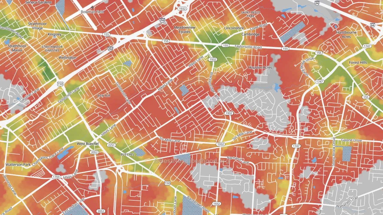 Walk Grade map of Klondike, Louisville, KY, walkable areas in green and car-dependent areas in red