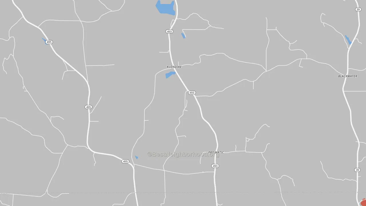 Walk Grade map of Klondike, MS, walkable areas in green and car-dependent areas in red