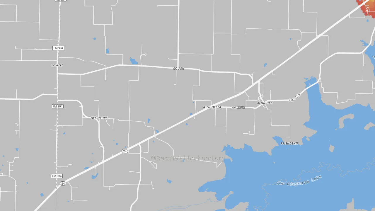 Walk Grade map of Klondike, TX, walkable areas in green and car-dependent areas in red