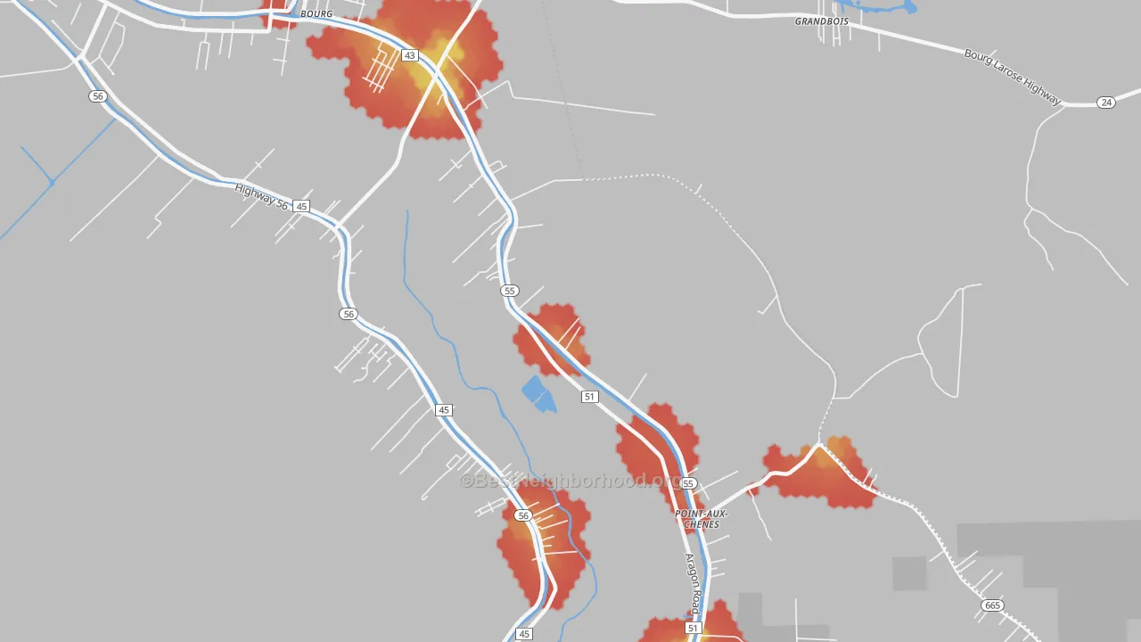 Walk Grade map of Klondyke, LA, walkable areas in green and car-dependent areas in red