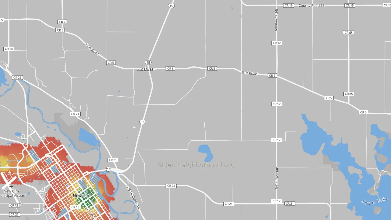 Walk Grade map of Klossner, MN, walkable areas in green and car-dependent areas in red