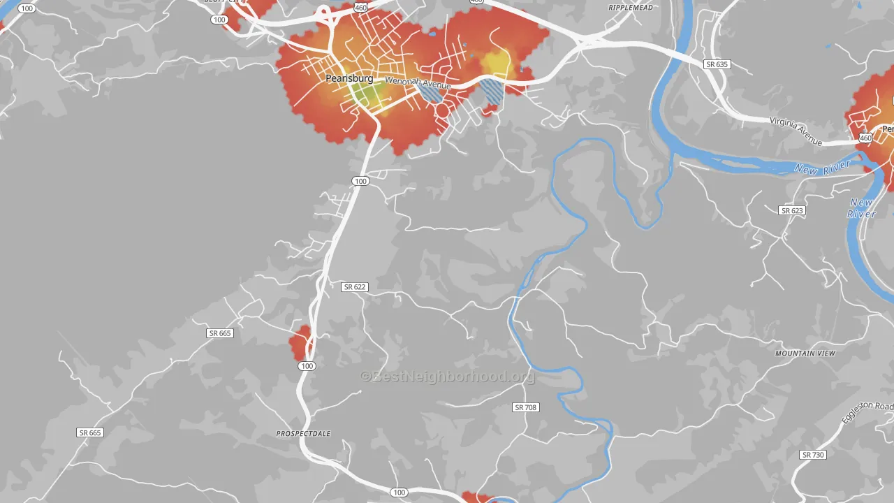 Walk Grade map of Klotz, VA, walkable areas in green and car-dependent areas in red
