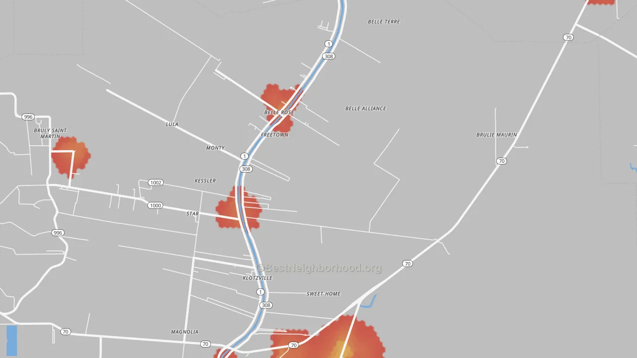 Walk Grade map of Klotzville, LA, walkable areas in green and car-dependent areas in red