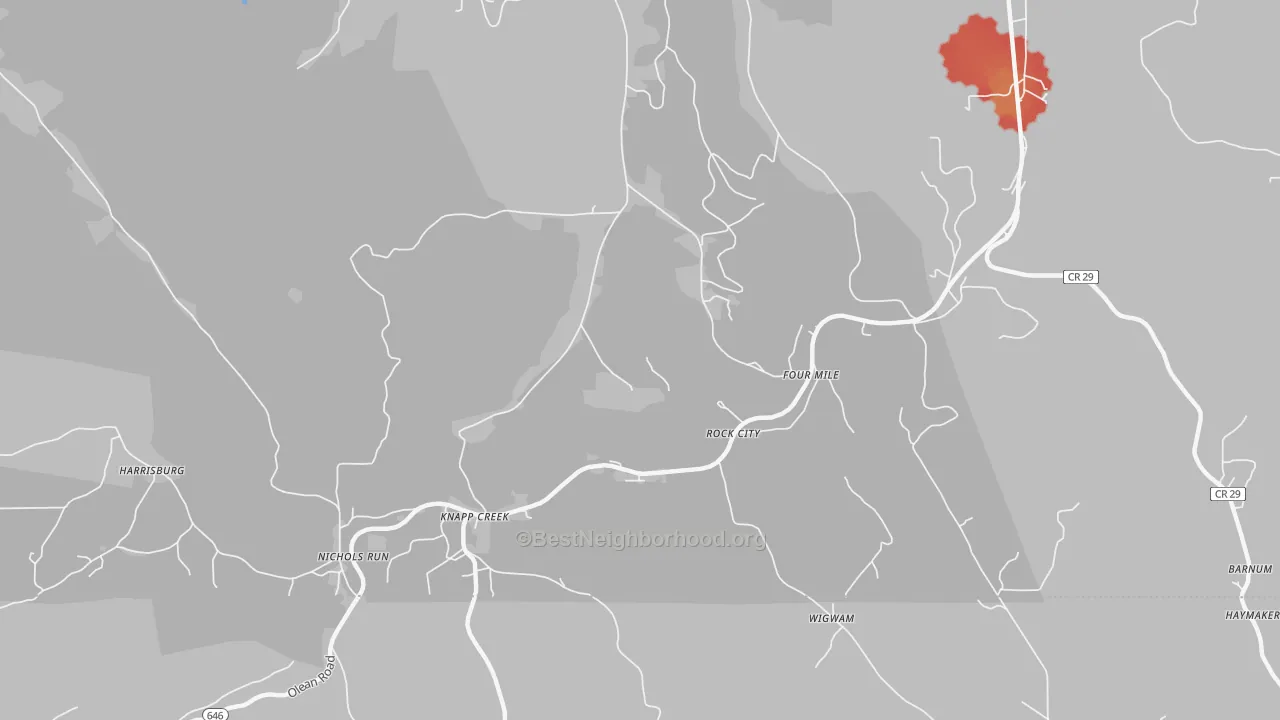 Walk Grade map of Knapp Creek, NY, walkable areas in green and car-dependent areas in red