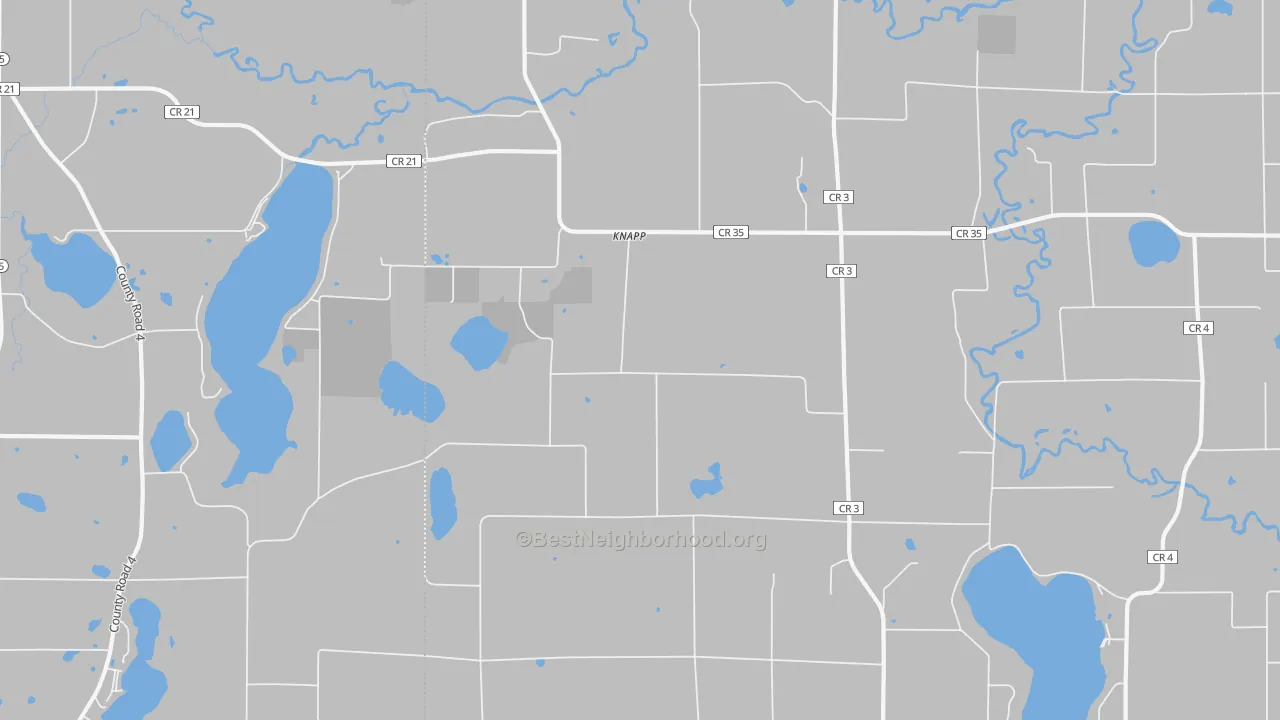 Walk Grade map of Knapp, MN, walkable areas in green and car-dependent areas in red