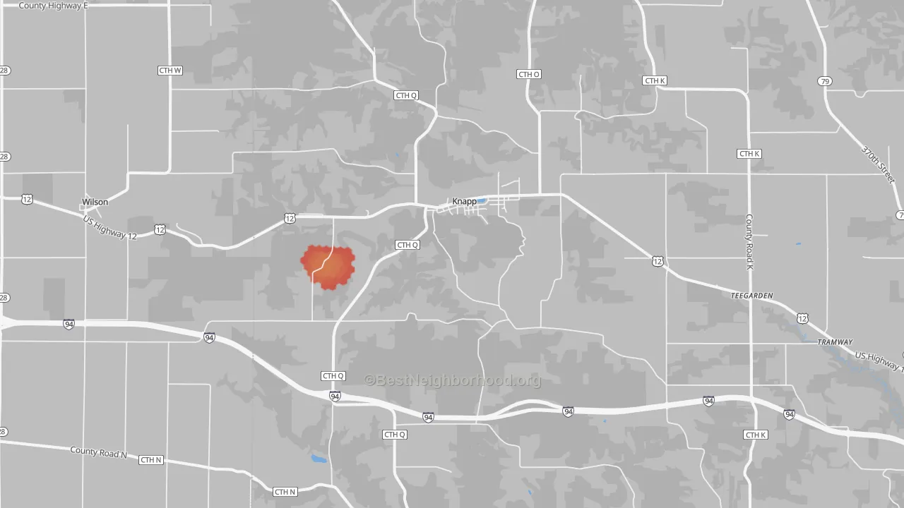 Walk Grade map of Knapp, WI, walkable areas in green and car-dependent areas in red