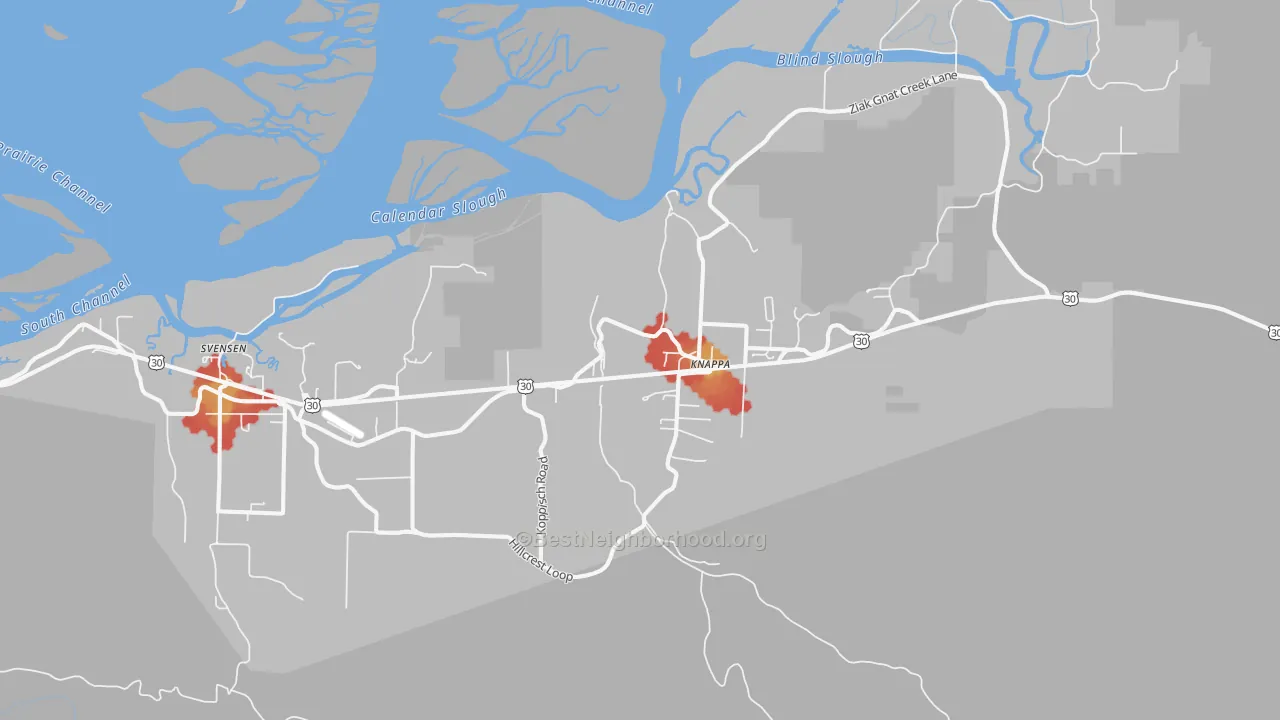 Walk Grade map of Knappa, OR, walkable areas in green and car-dependent areas in red