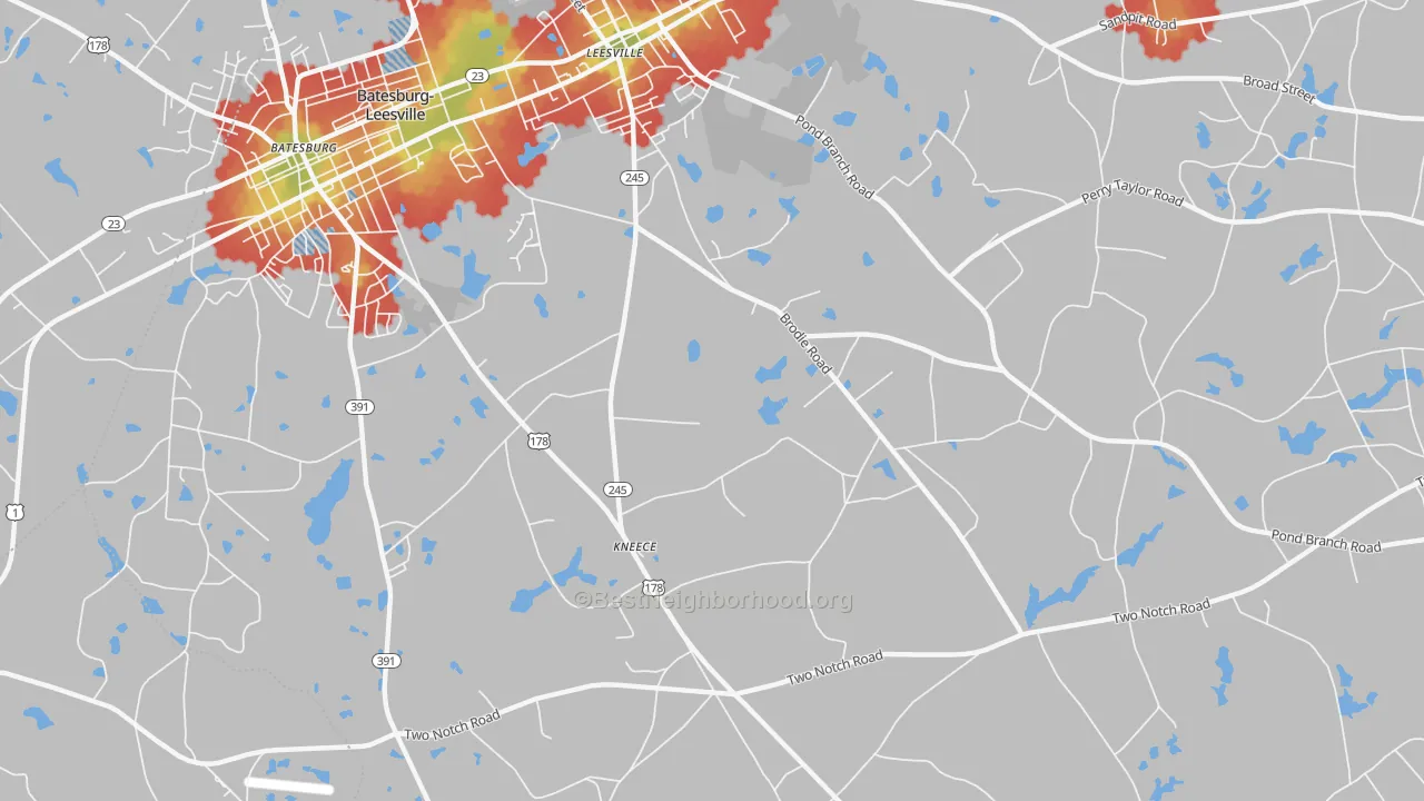 Walk Grade map of Kneece, SC, walkable areas in green and car-dependent areas in red