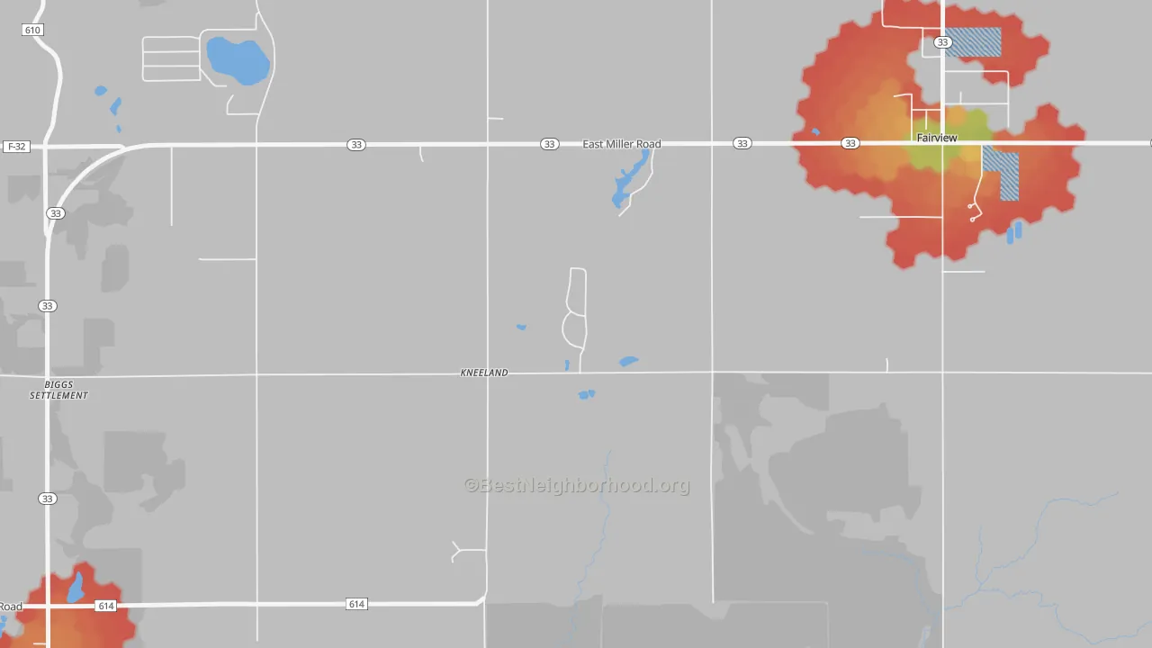 Walk Grade map of Kneeland, MI, walkable areas in green and car-dependent areas in red