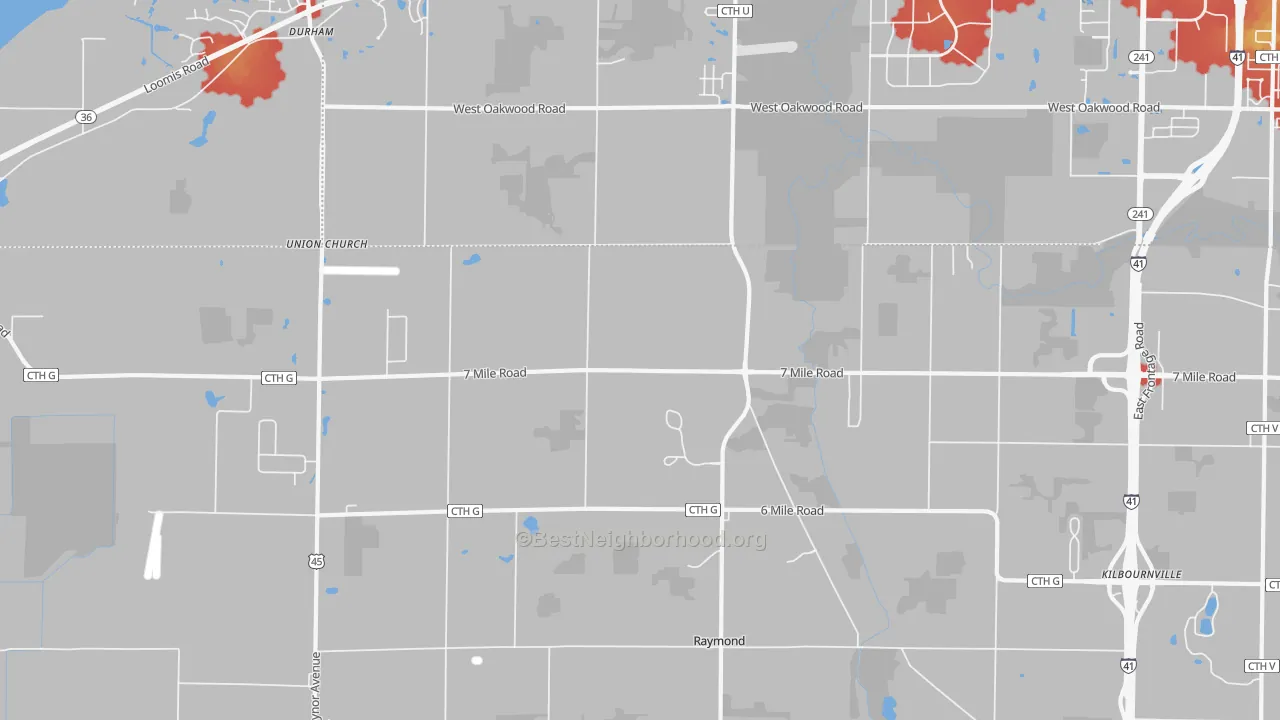 Walk Grade map of Kneeland, WI, walkable areas in green and car-dependent areas in red