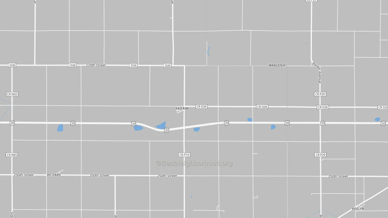 Walk Grade map of Knierim, IA, walkable areas in green and car-dependent areas in red