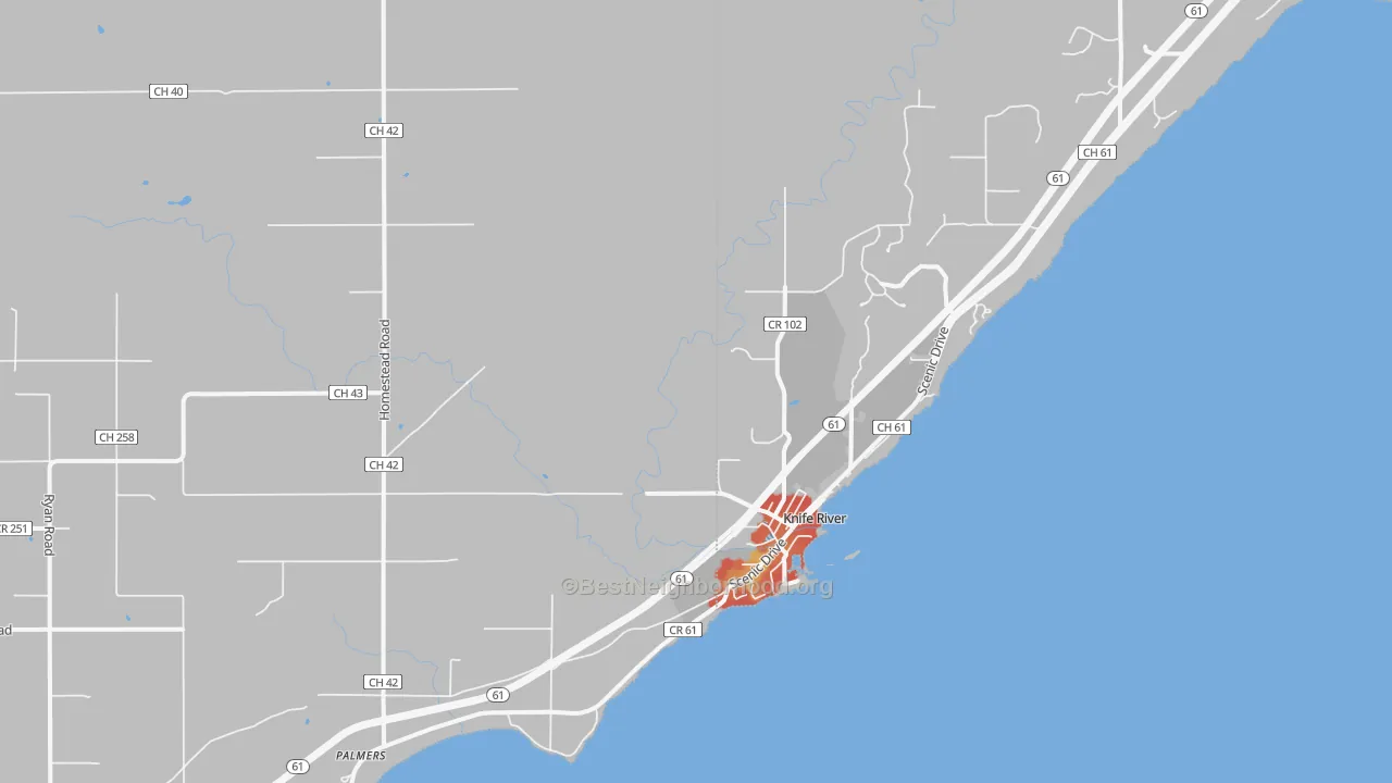 Walk Grade map of Knife River, MN, walkable areas in green and car-dependent areas in red