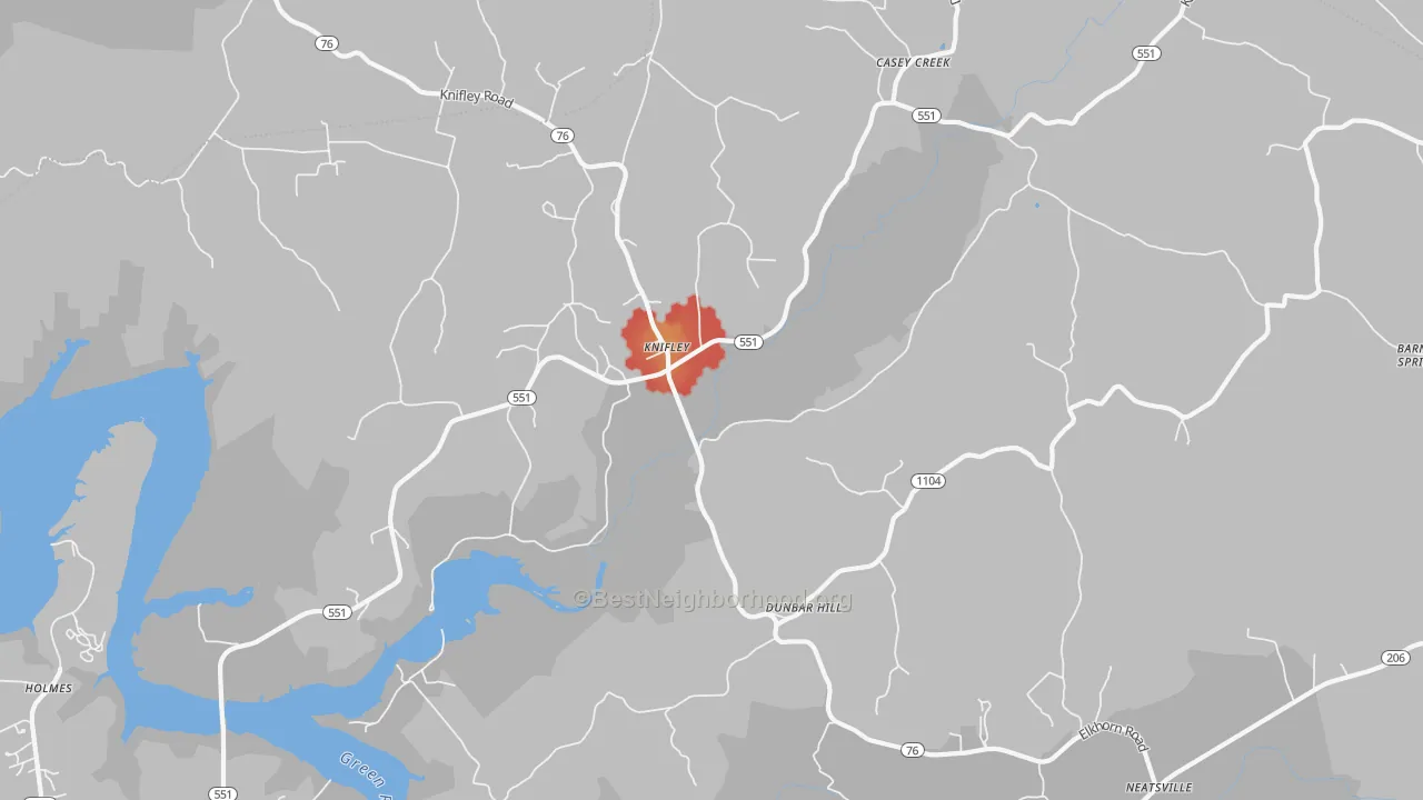 Walk Grade map of Knifley, KY, walkable areas in green and car-dependent areas in red