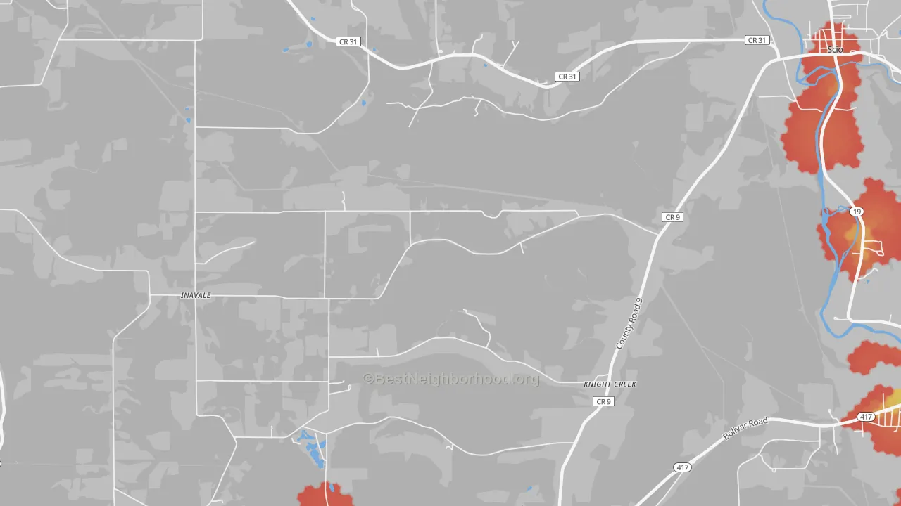 Walk Grade map of Knight Creek, NY, walkable areas in green and car-dependent areas in red