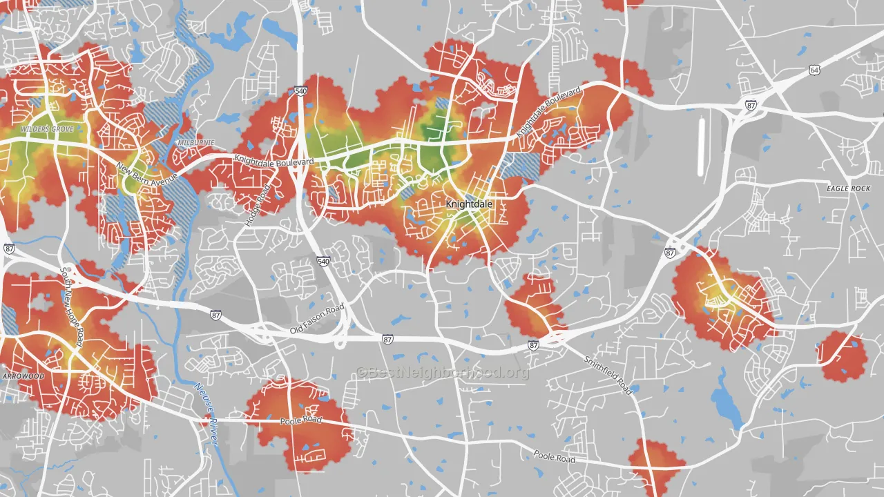 Walk Grade map of Knightdale, NC, walkable areas in green and car-dependent areas in red