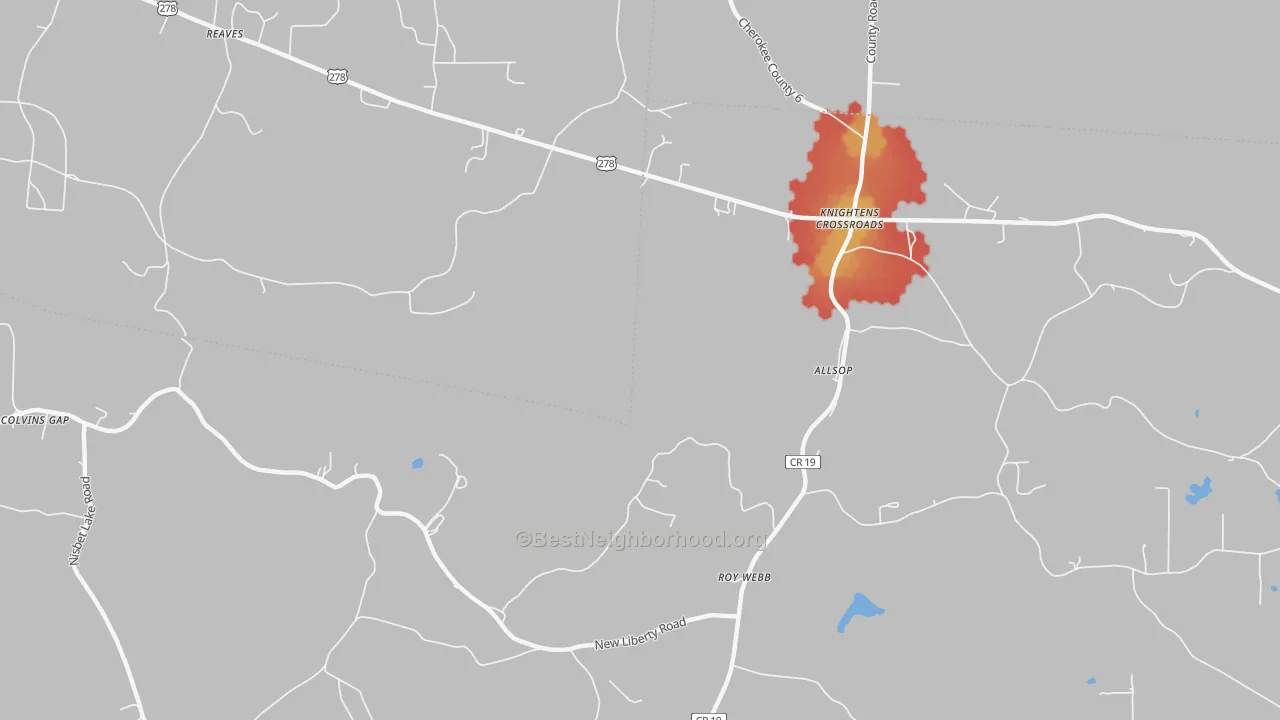 Walk Grade map of Knightens Crossroads, AL, walkable areas in green and car-dependent areas in red
