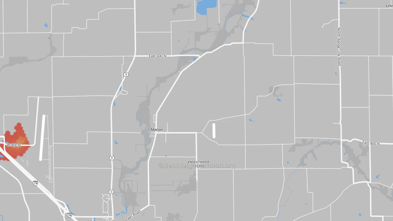 Walk Grade map of Knighthood Village, IN, walkable areas in green and car-dependent areas in red