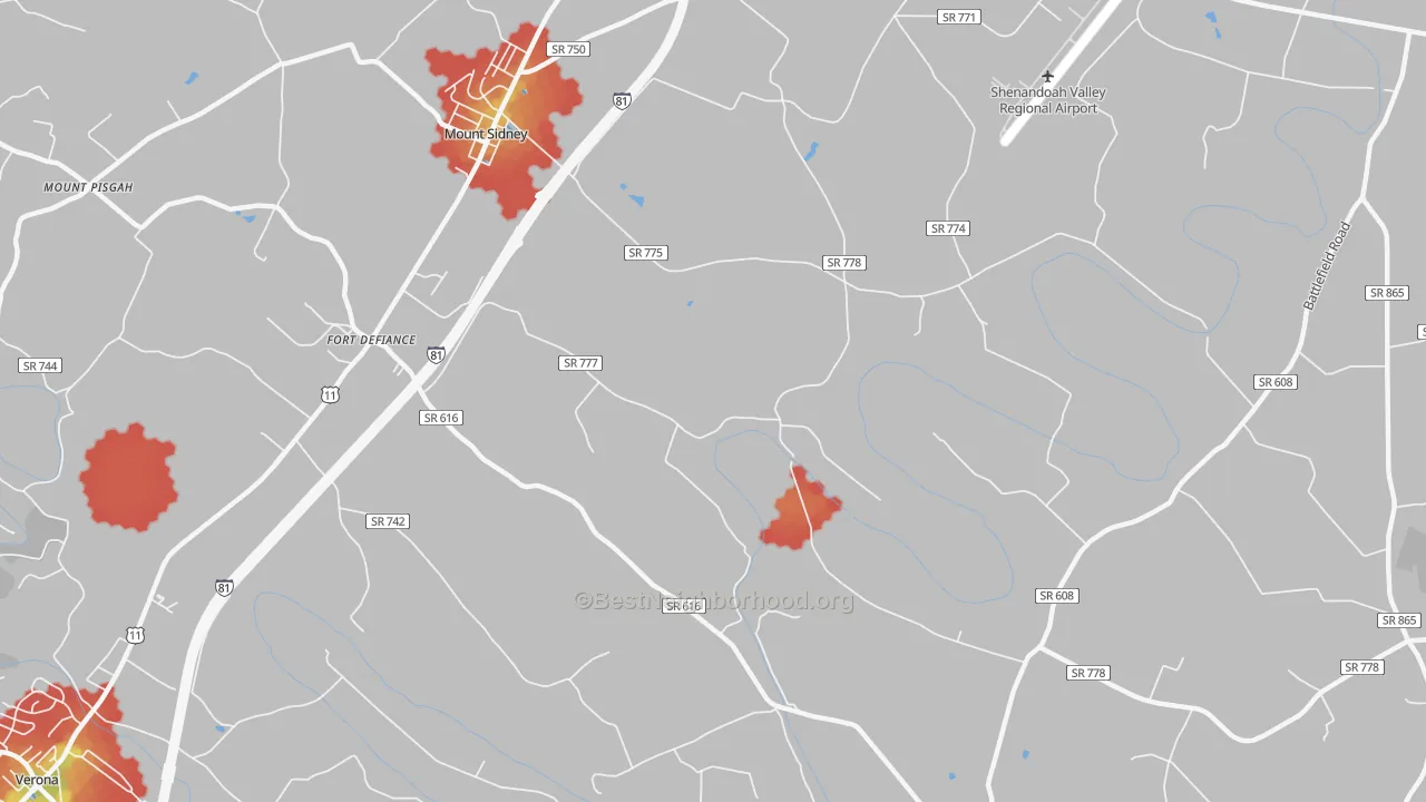 Walk Grade map of Knightly, VA, walkable areas in green and car-dependent areas in red