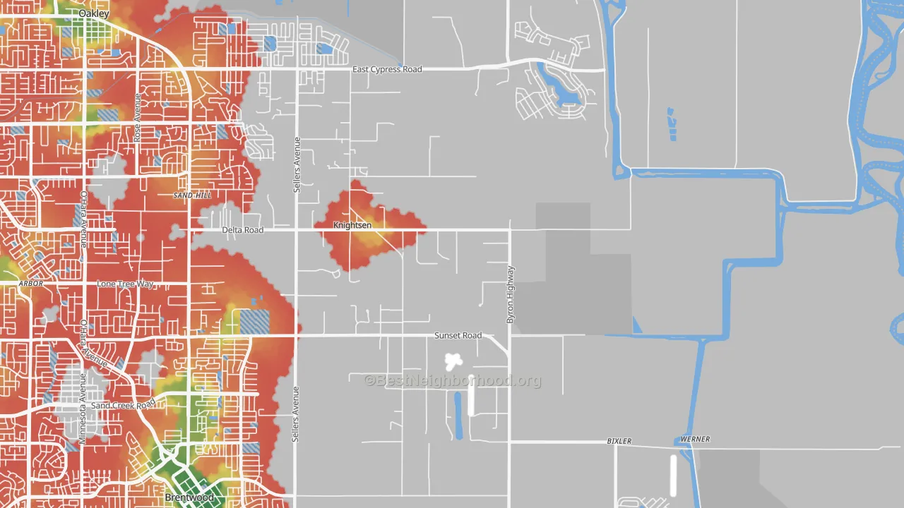 Walk Grade map of Knightsen, CA, walkable areas in green and car-dependent areas in red