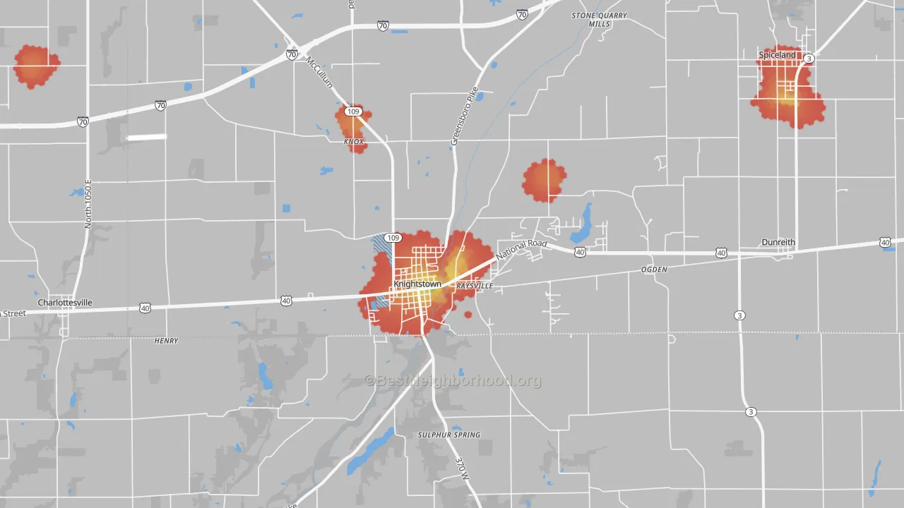 Walk Grade map of Knightstown, IN, walkable areas in green and car-dependent areas in red