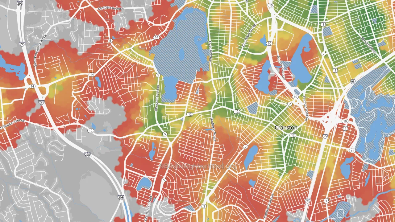 Walk Grade map of Knightsville, Cranston, RI, walkable areas in green and car-dependent areas in red