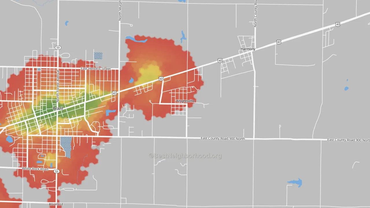 Walk Grade map of Knightsville, IN, walkable areas in green and car-dependent areas in red