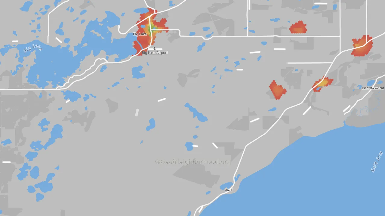 Walk Grade map of Knik, AK, walkable areas in green and car-dependent areas in red