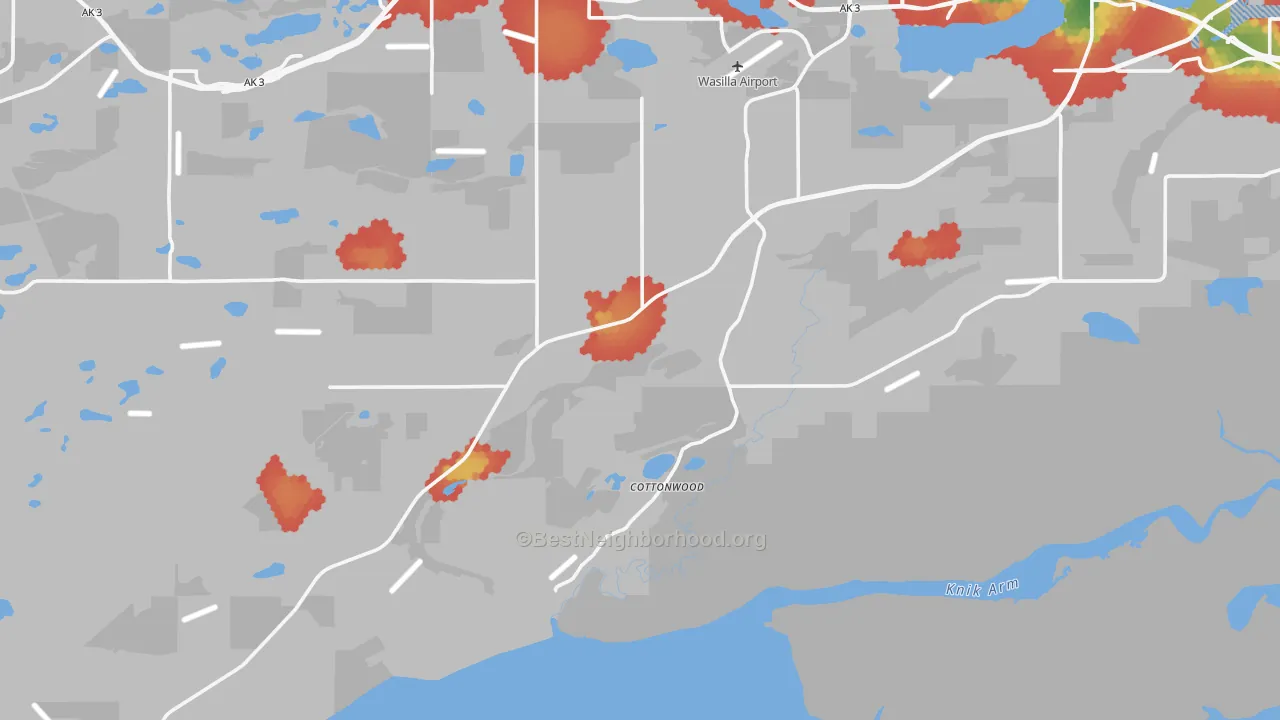 Walk Grade map of Knik-Fairview, AK, walkable areas in green and car-dependent areas in red