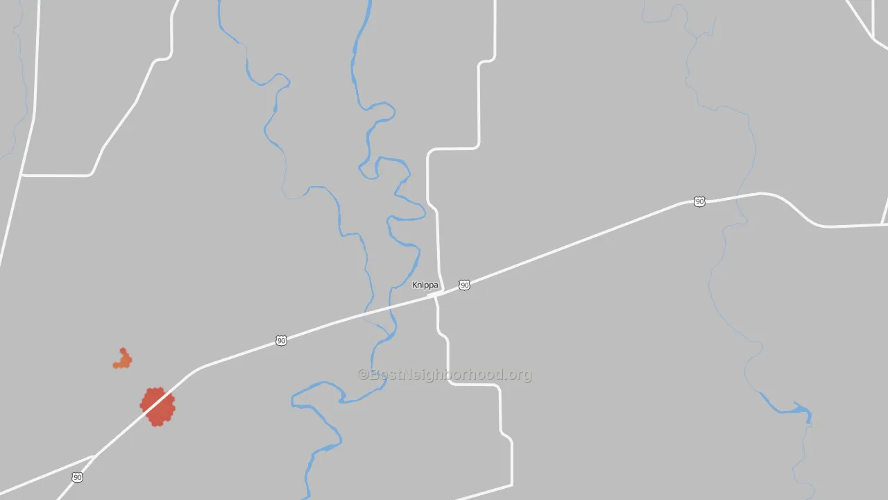 Walk Grade map of Knippa, TX, walkable areas in green and car-dependent areas in red