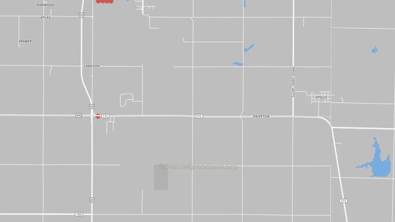 Walk Grade map of Kniveton, KS, walkable areas in green and car-dependent areas in red