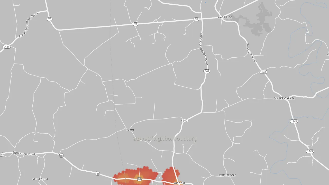 Walk Grade map of Knob Lick, KY, walkable areas in green and car-dependent areas in red