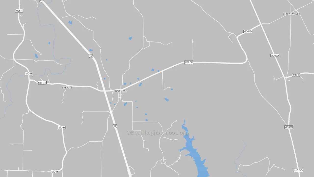 Walk Grade map of Knob Lick, MO, walkable areas in green and car-dependent areas in red