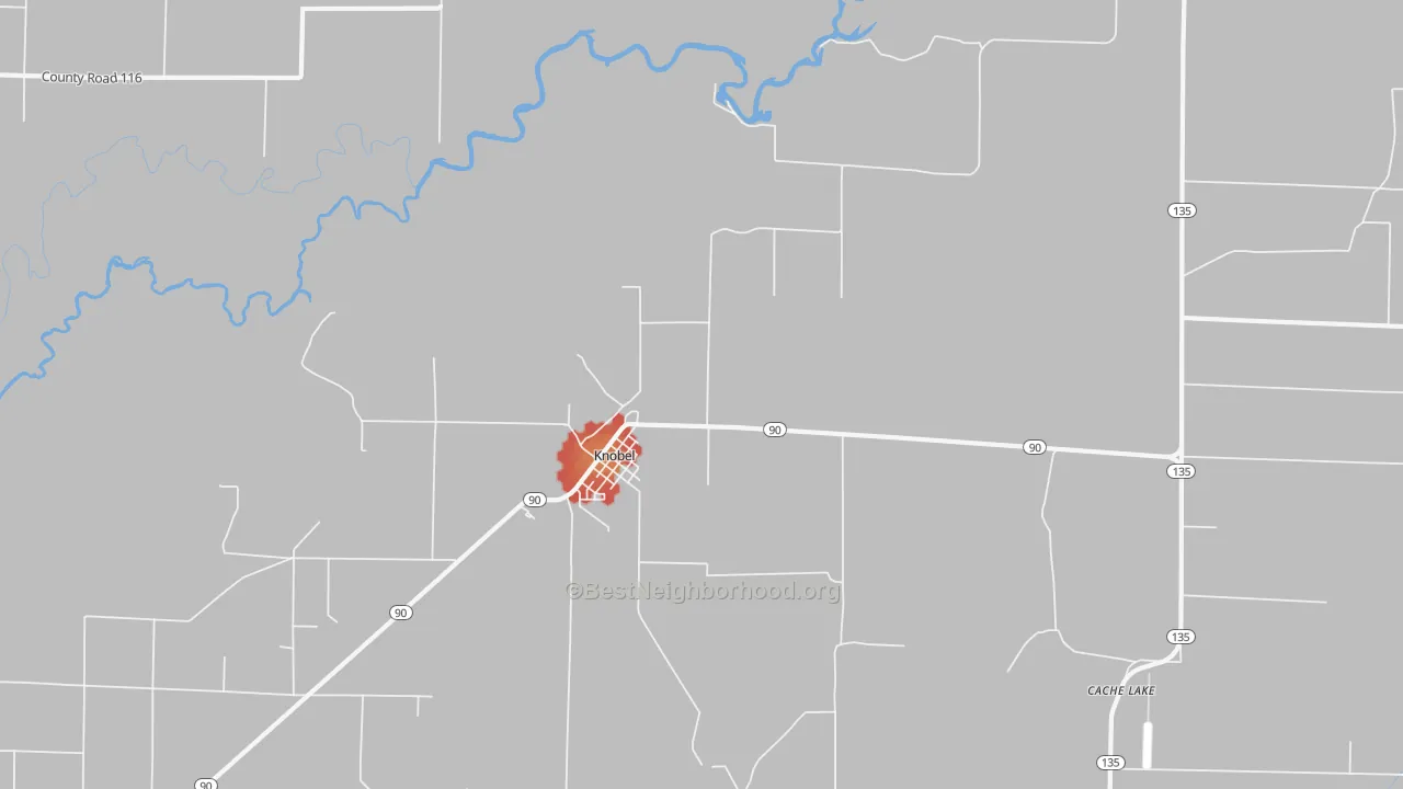 Walk Grade map of Knobel, AR, walkable areas in green and car-dependent areas in red
