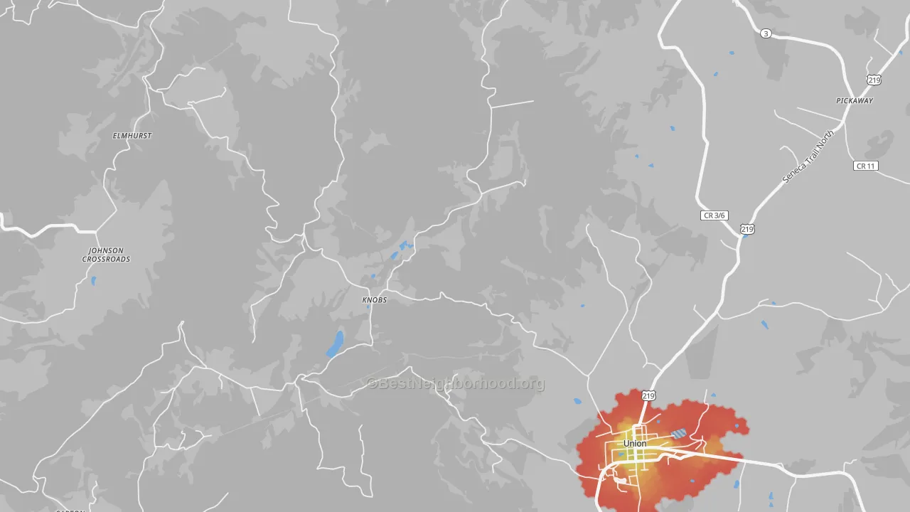 Walk Grade map of Knobs, WV, walkable areas in green and car-dependent areas in red