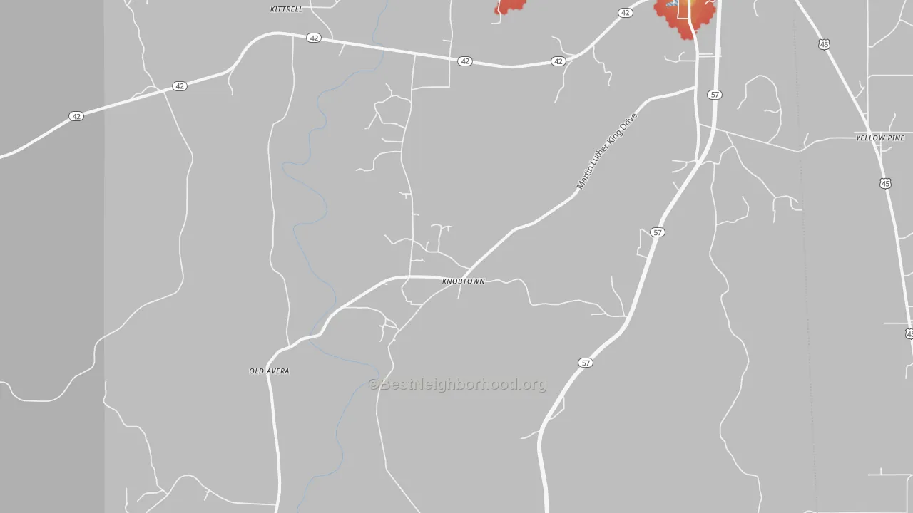 Walk Grade map of Knobtown, MS, walkable areas in green and car-dependent areas in red