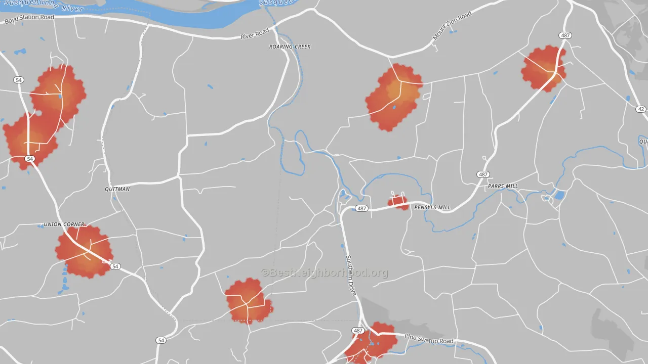Walk Grade map of Knoebels Grove, PA, walkable areas in green and car-dependent areas in red