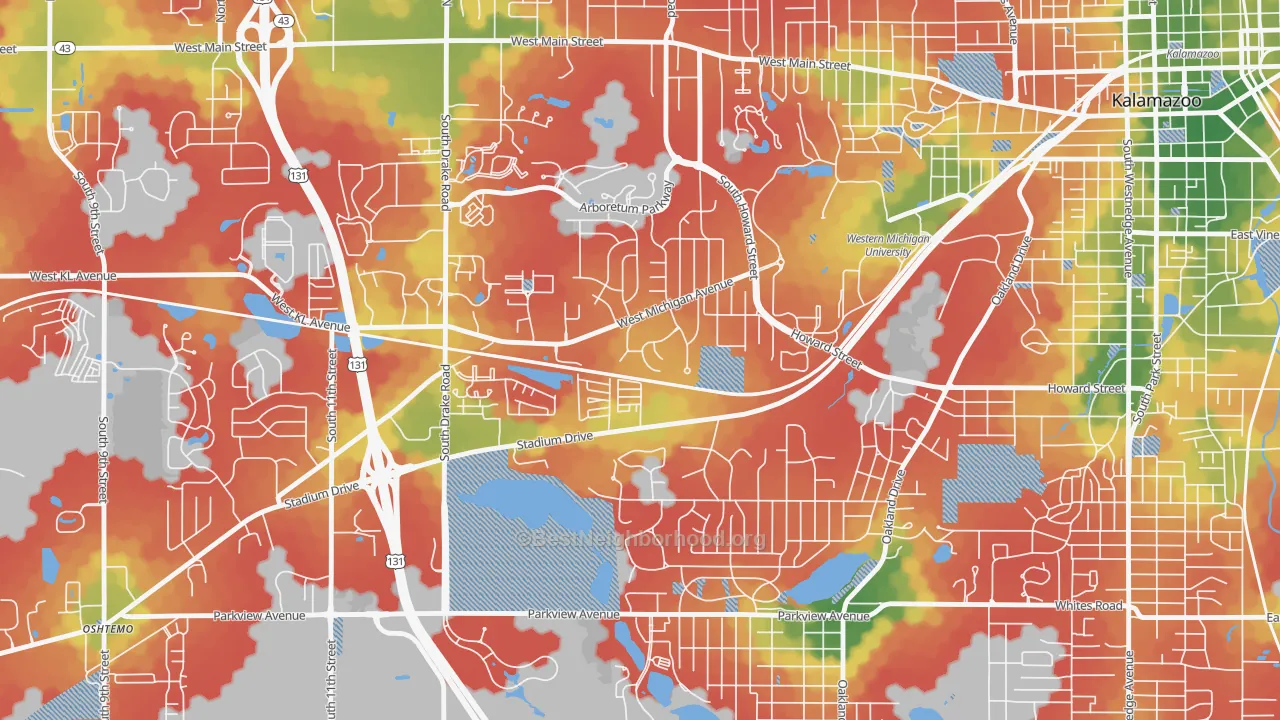 Walk Grade map of Knollwood, Kalamazoo, MI, walkable areas in green and car-dependent areas in red