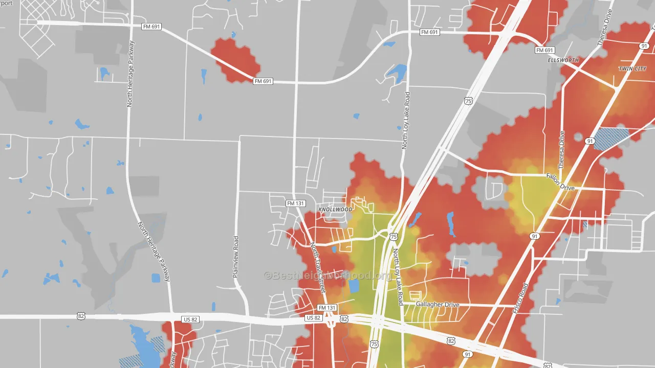 Walk Grade map of Knollwood, TX, walkable areas in green and car-dependent areas in red
