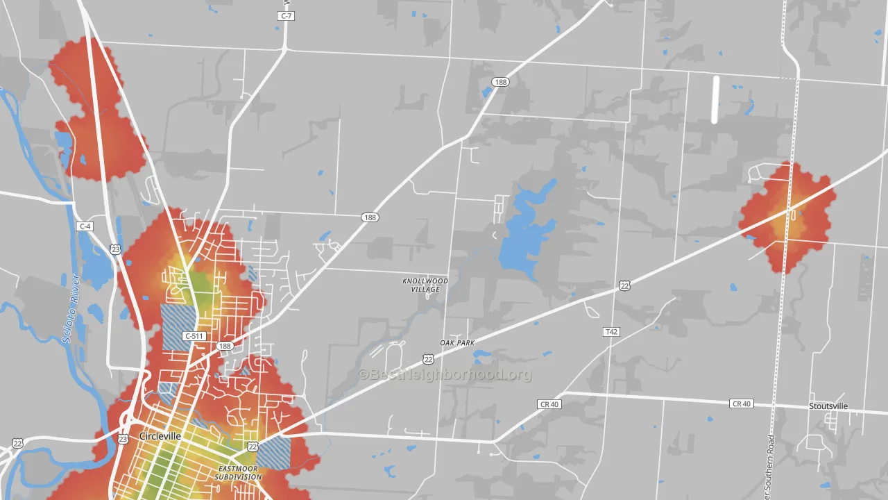 Walk Grade map of Knollwood Village, OH, walkable areas in green and car-dependent areas in red
