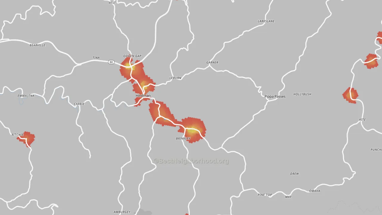Walk Grade map of Knott County, KY, walkable areas in green and car-dependent areas in red