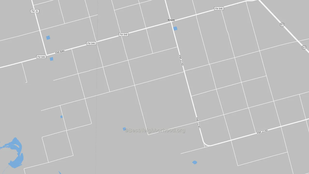 Walk Grade map of Knott, TX, walkable areas in green and car-dependent areas in red