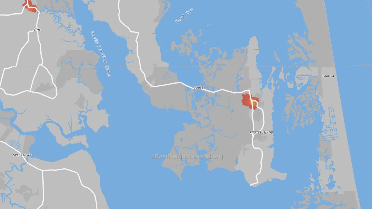 Walk Grade map of Knotts Island, NC, walkable areas in green and car-dependent areas in red