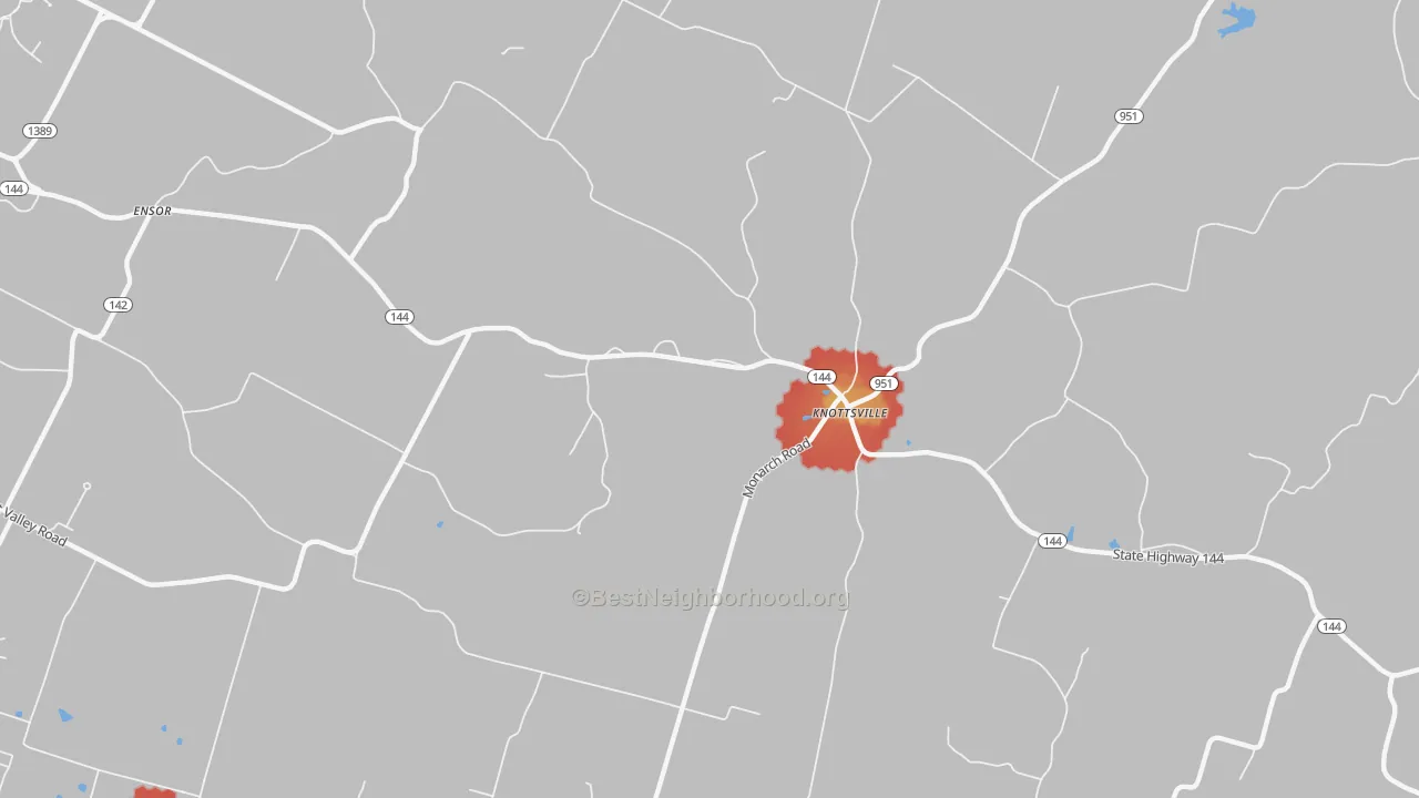 Walk Grade map of Knottsville, KY, walkable areas in green and car-dependent areas in red