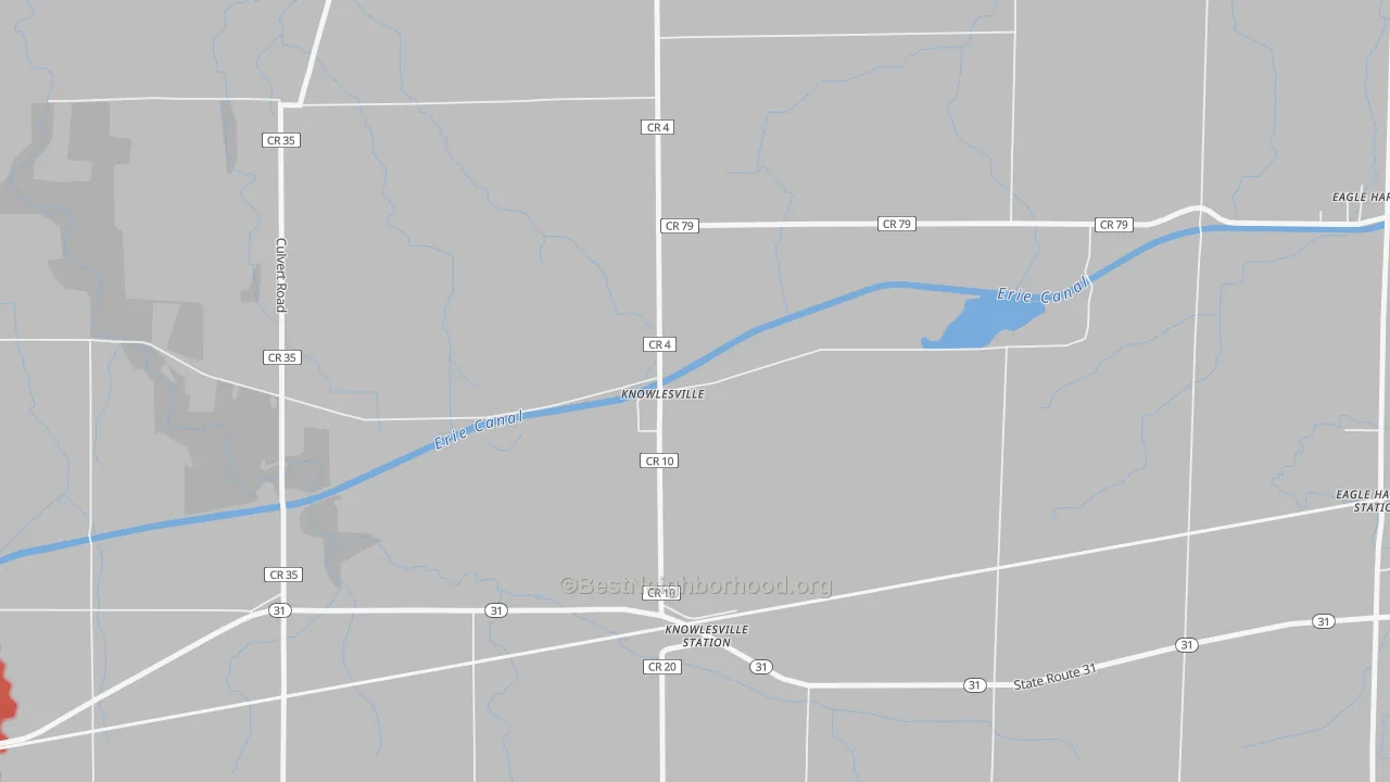 Walk Grade map of Knowlesville, NY, walkable areas in green and car-dependent areas in red
