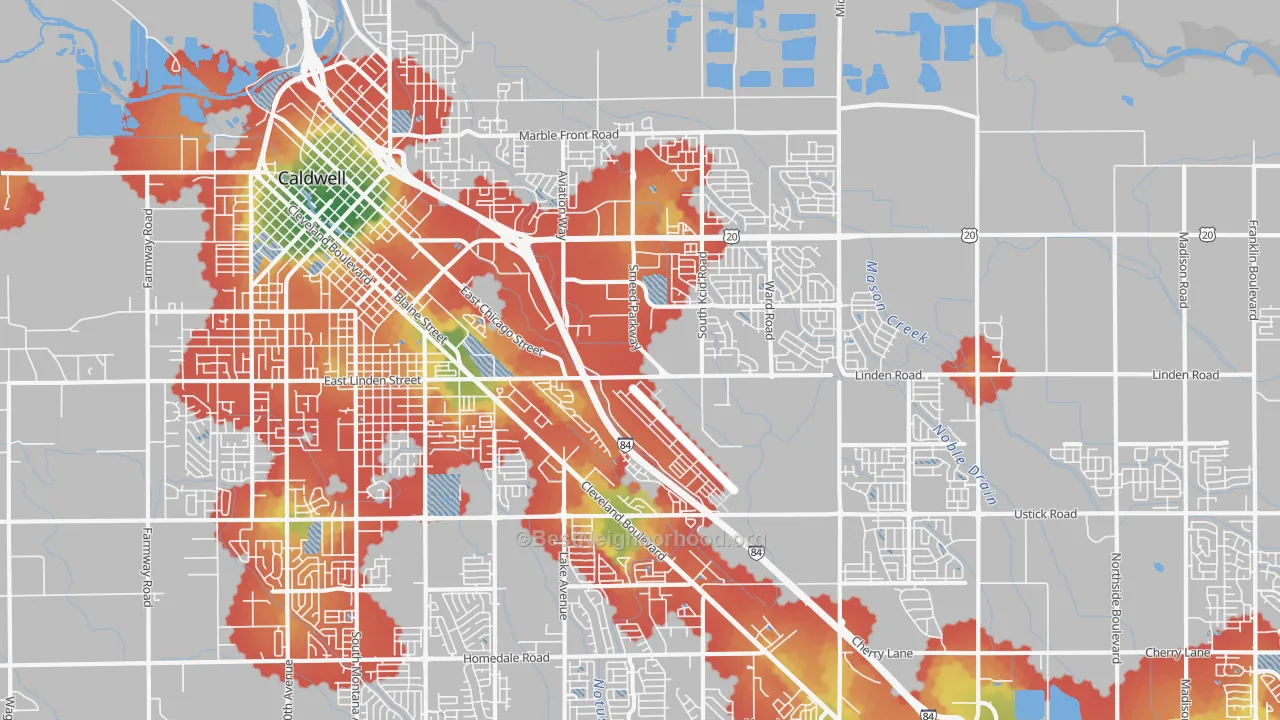 Walk Grade map of Knowlton Heights, ID, walkable areas in green and car-dependent areas in red