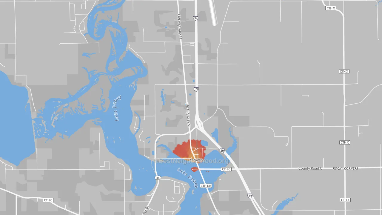 Walk Grade map of Knowlton, WI, walkable areas in green and car-dependent areas in red